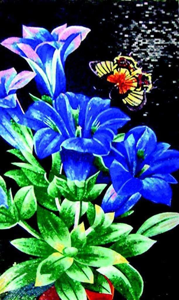 Floral Butterfly Garden - Glass Mosaic Flower Art Navy Iris - Mesh Backing