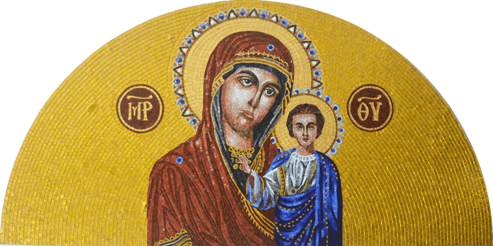 Virgem Maria e filho - mosaico de vidro religioso arqueado