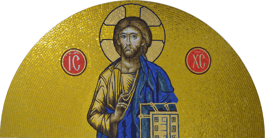 Jesús y la Biblia - Mosaico de vidrio religioso arqueado