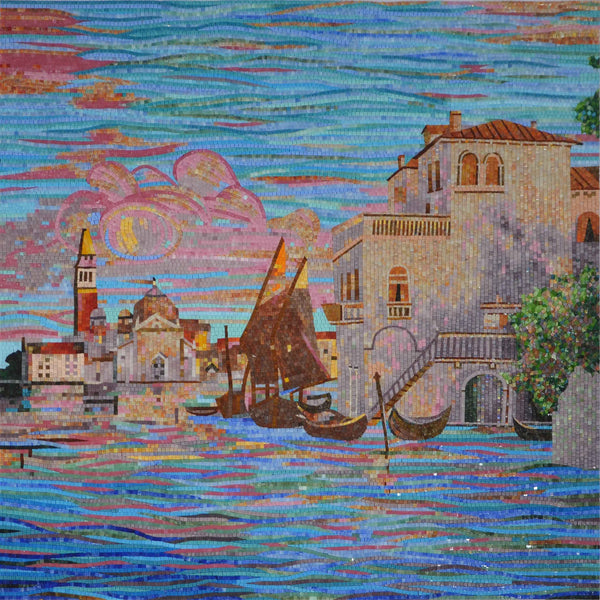 Geometric Canal Scene - Mosaic Wall Decor Design - Mesh Backing