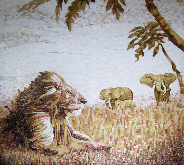 Hungry Lion Under Tree - Elephant & African Savanna Glass Mosaic - Mesh Backing