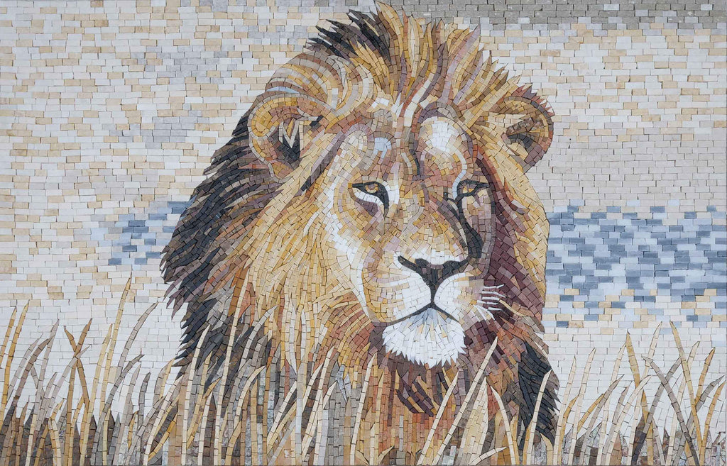 Lion féroce - Murale en mosaïque de marbre