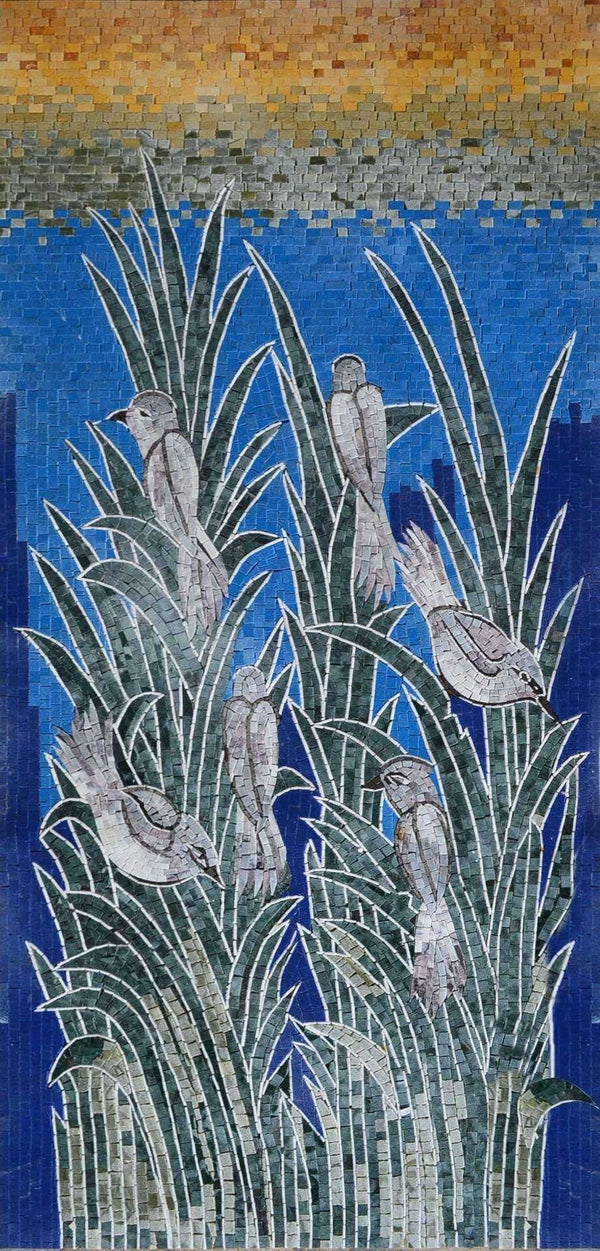 Birds in the Reeds – Wetland Marble Mosaic Wall Art - Mesh Backing