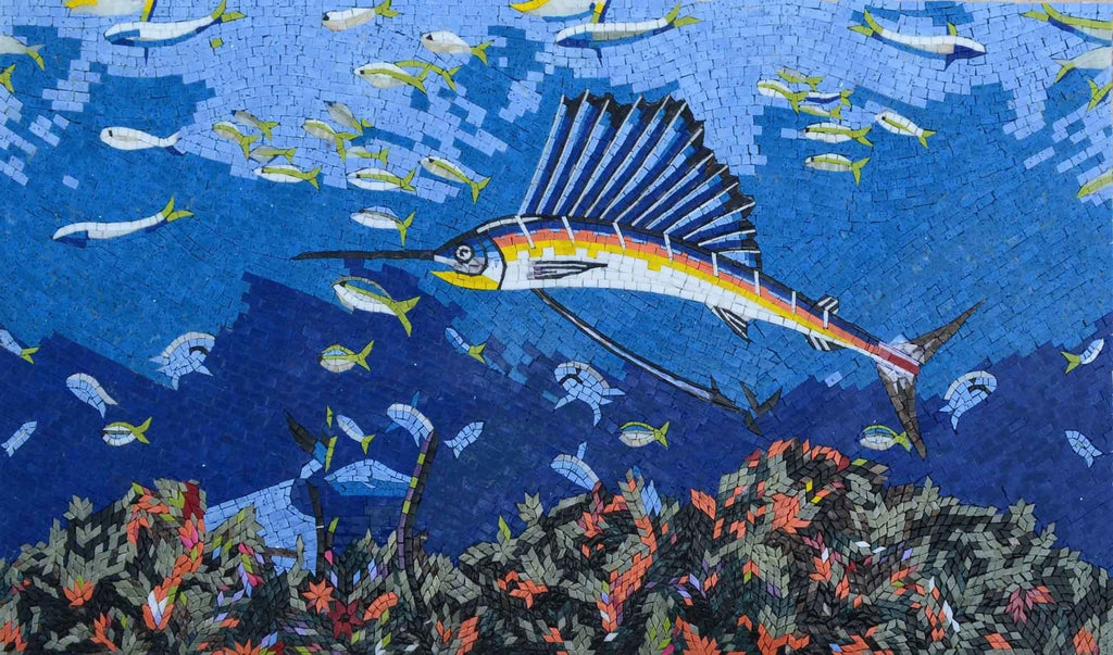 Acquario Pesce subacqueo Mosaico in marmo Fatto a mano Mozaico