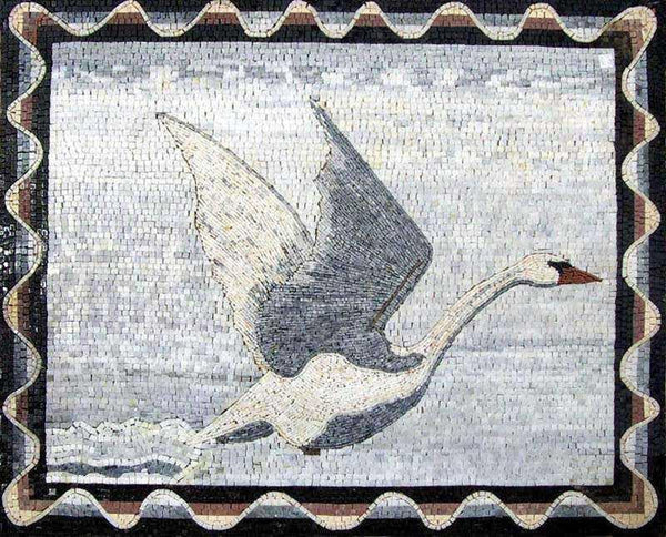 Majestic Swan Flight - White Marble Mosaic Wall Art - Mesh Backing