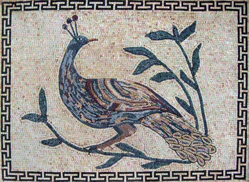 Mosaico de Mármol - Pavo Real en una Planta Mozaico