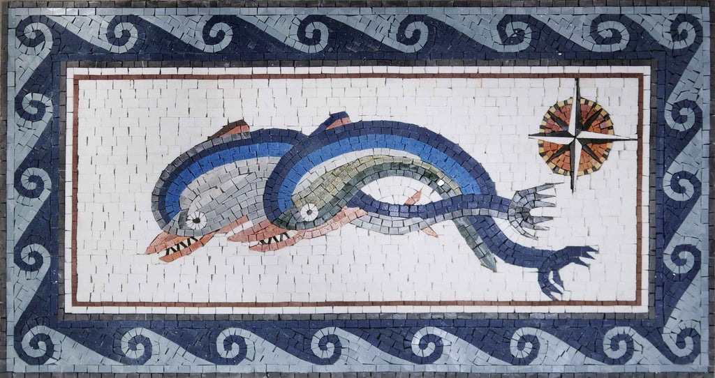 Duo Golfinhos e arte em mosaico de bússola