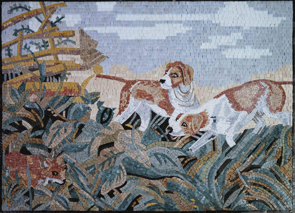 Cani che cacciano una volpe - opere d'arte a mosaico