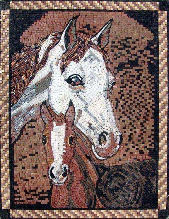 Marble Mosaic Mural - Two Horses Mozaico