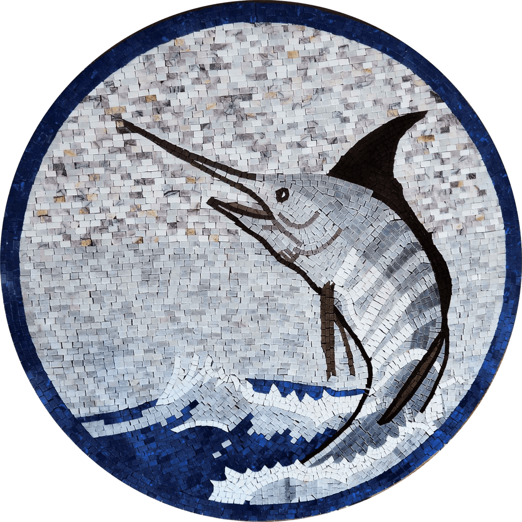 Medalhão de mármore em mosaico de peixe-espada