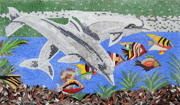Exquisite Dolphin Design - Marble Mosaic Underwater Scene - Mesh Backing