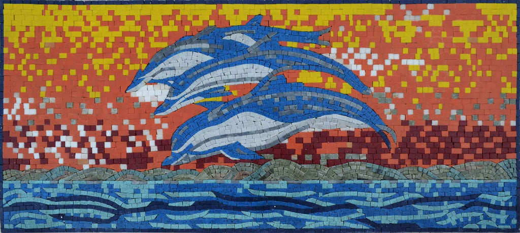 Mosaic Art - Dolphins Jumping in the sunset