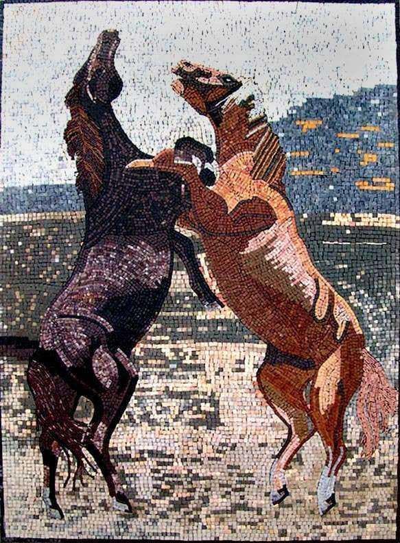 Disegni di mosaico in marmo - Due cavalli