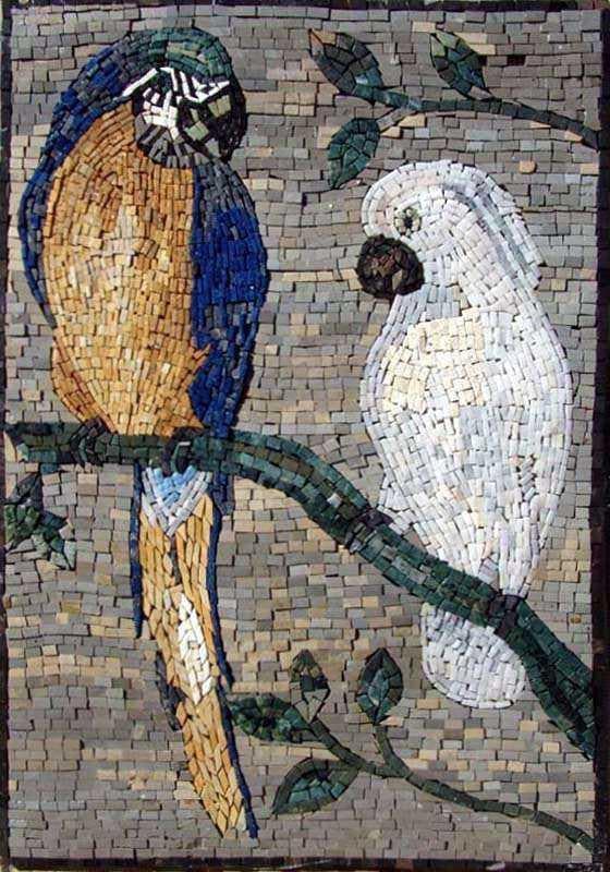 Arte em mosaico - arara e papagaio branco