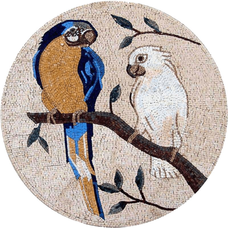 Medalhão de arte em mosaico - arara e papagaio branco