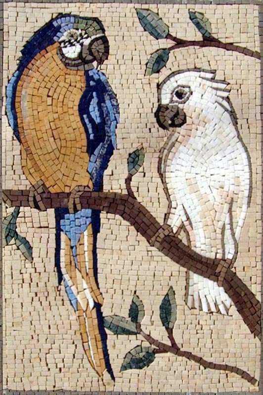 Arte de parede em mosaico - arara e papagaio branco