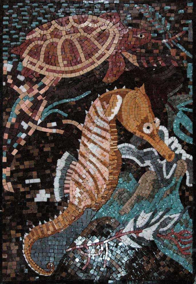 Arte de pedra do mosaico da tartaruga marinha do cavalo marinho