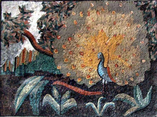Enchanting Peacock - Green Marble Mosaic Artwork - Mesh Backing