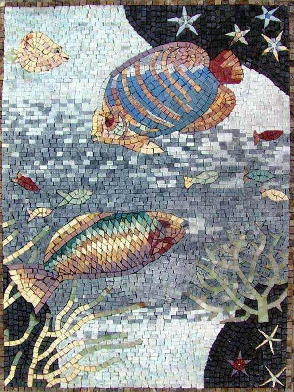 Exotic Fish - Marble Mosaic Sea Life Mural - Mesh Backing