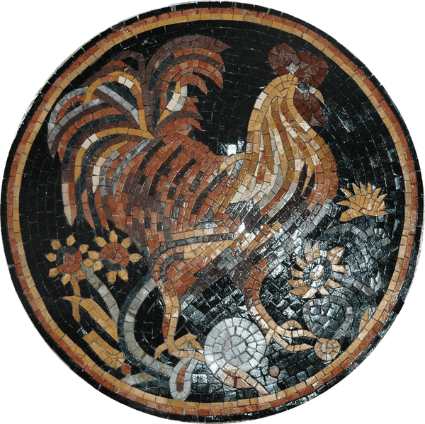 Rooster Medallion – Farmhouse Marble Mosaic Rug - Mesh Backing