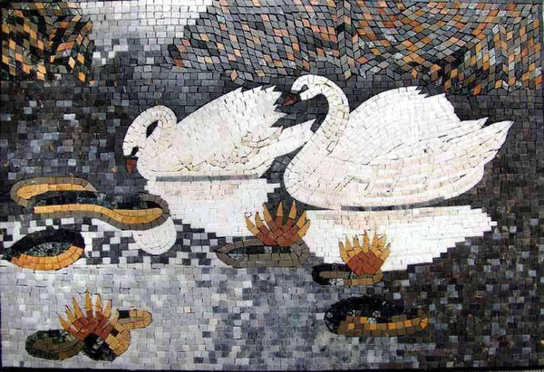 Majestic Serene Swans - White Marble Mosaic Tile Art - Mesh Backing