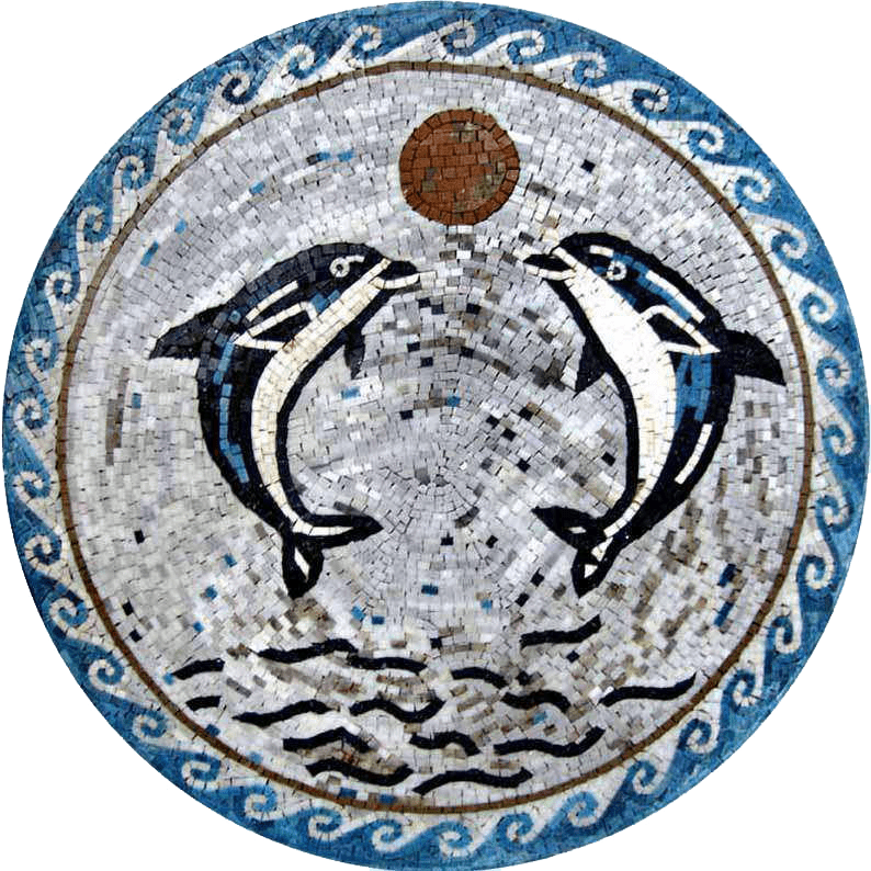 Mural em mosaico de dois golfinhos