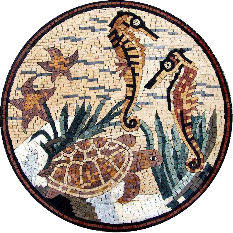 Medallón de mosaico de criaturas marinas