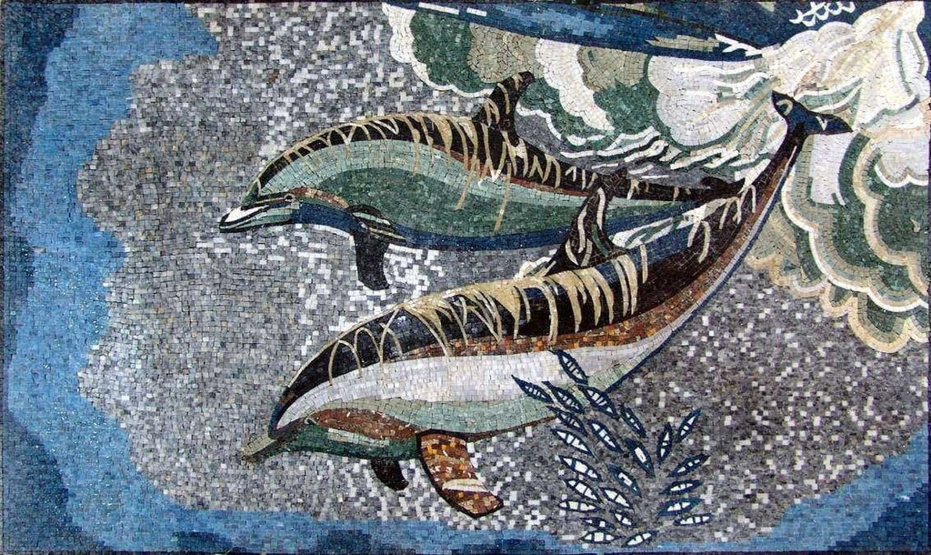 Arte de mosaico de mármol de océano profundo y delfines