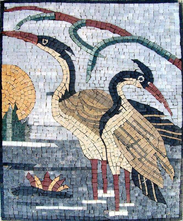 Two Cranes at Sunset – Zen Wading Bird Marble Mosaic Wall Art - Mesh Backing