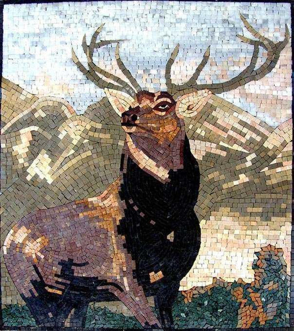 Majestic Elk Portrait - Marble Mosaic Art Luxury Handcrafted Natural Stone - Mesh Backing