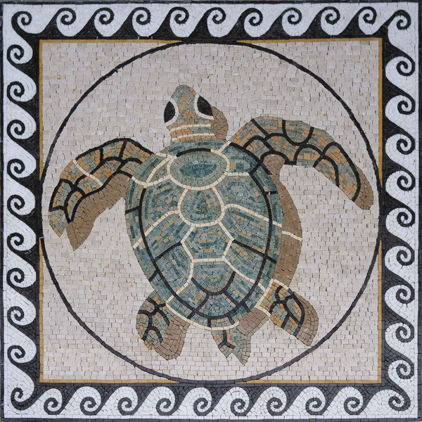 Sea Turtle Art With Wave Border- Interior Design Mosaic Borders - Mesh Backing