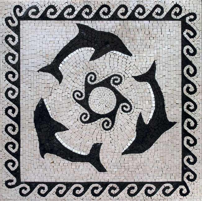 Mosaik mit drei schwarzen Delfinen