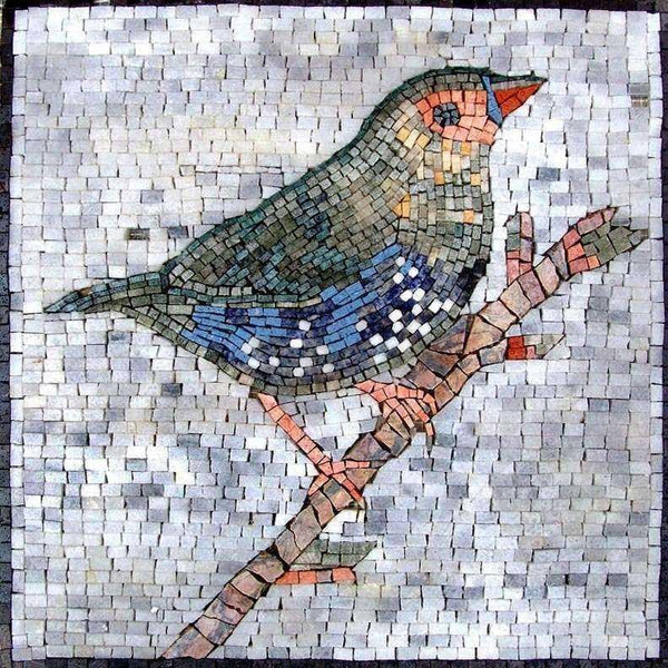 Finch on a Branch – Songbird Marble Mosaic Wall Art - Mesh Backing