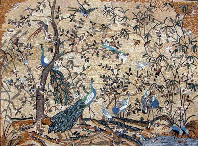 Arte mosaico - pavos reales y pájaros