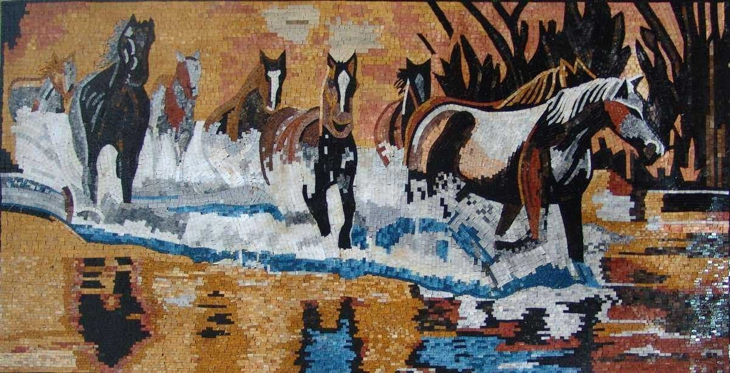 Mural de arte em mosaico - cavalos correndo