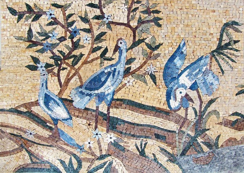 Art mural mosaïque - Trois oiseaux bleus