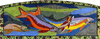 Mosaico de mármol de cuatro peces nadadores de colores