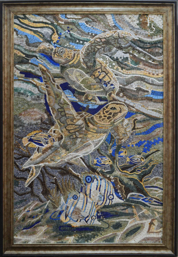 Azulejo de piscina de mosaico de tortugas marinas y peces