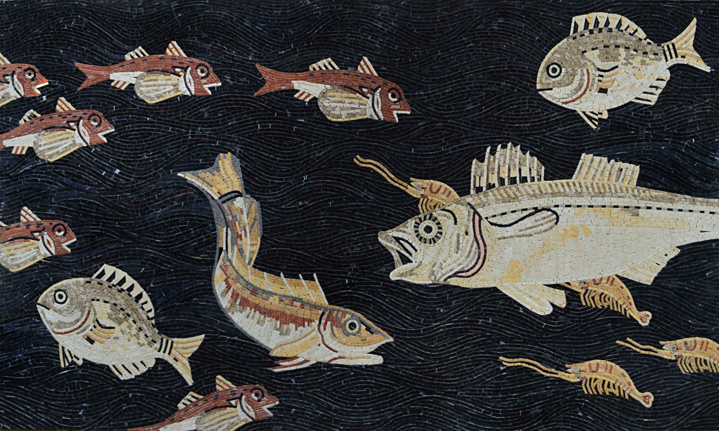 Diseño de peces de mosaico romano Arte de azulejo completamente hecho a mano.