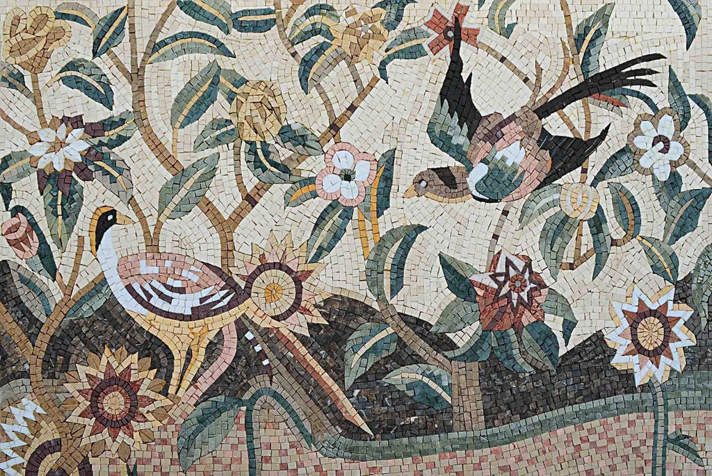 Art mural en mosaïque - Oiseaux et fleurs
