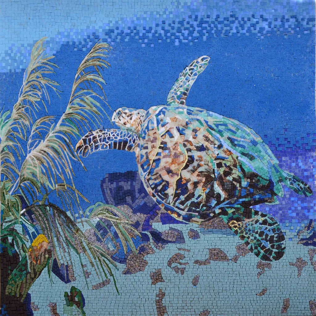 Art mural en mosaïque de tortue de mer flottante