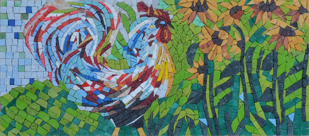 Arte de pared de mosaico - Gallo y girasoles