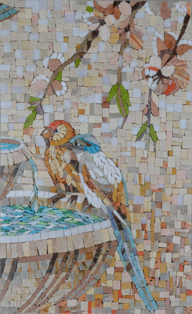 Oiseaux au bord de la fontaine - Art de la mosaïque
