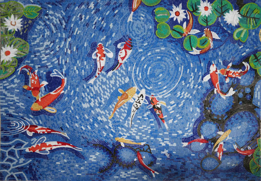 Peces koi nadando en el estanque - Arte mosaico