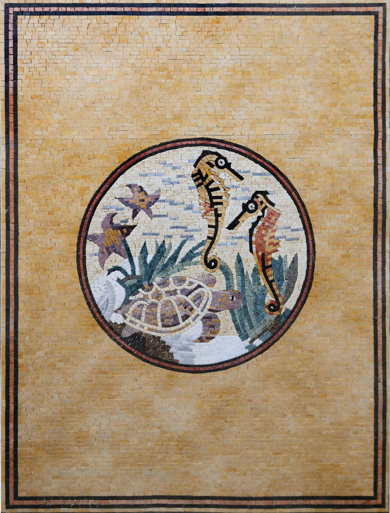 Obra de arte de la piscina de mosaico - Animales marinos rústicos