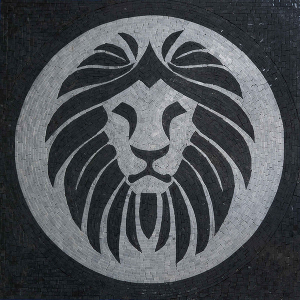 Lion Head Medallion – Black & White Marble Mosaic Floor & Wall Art - Mesh Backing