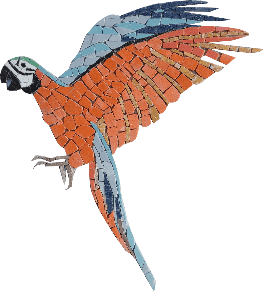 Art mural en mosaïque - Perroquet Ara orange atterrissant