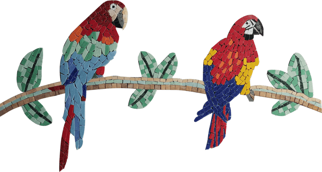 Dois papagaios coloridos - arte de parede em mosaico