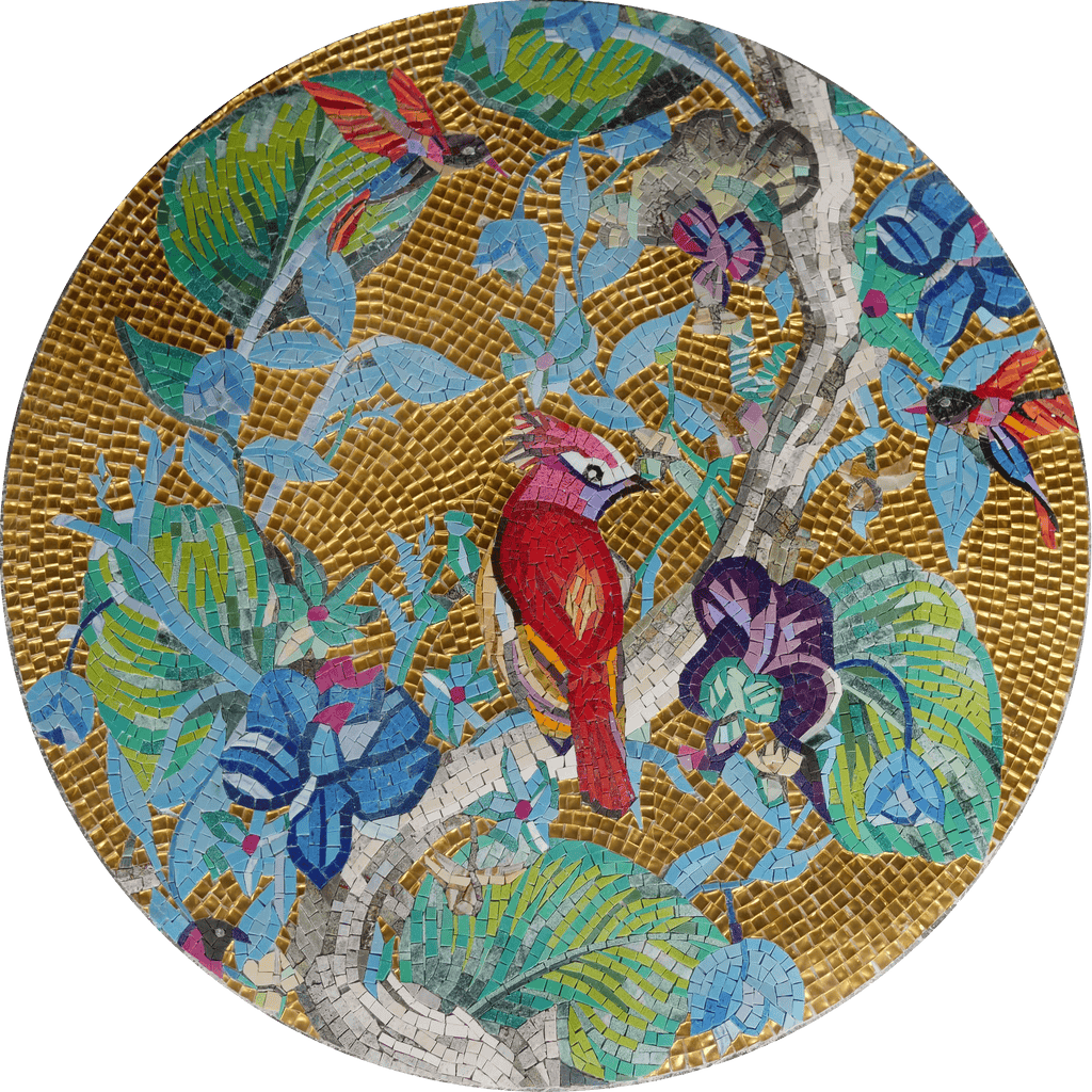 Medaglione in mosaico di vetro con pappagallo