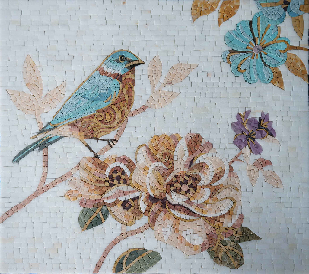 Obra de arte en mosaico: pájaro pacífico sobre una flor